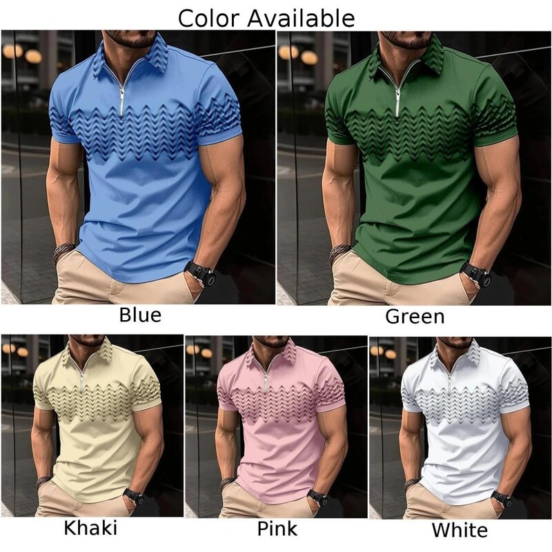 Men Tops Tops Blouse Casual Mens Muscle Short Sleeve Tee Waves Print Zip Collar High Quality Widely Applicable