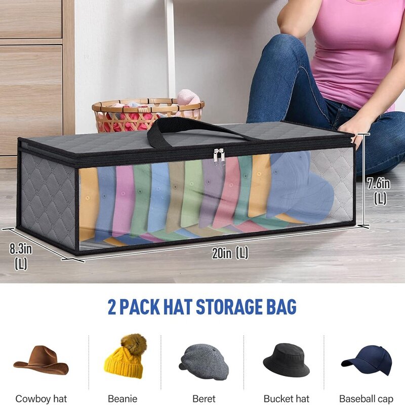 Paquete de 2 bolsas de almacenamiento para sombreros de béisbol, estante de soporte con 2 asas de transporte para la humedad del armario