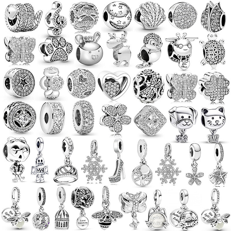 Juego de accesorios de bricolaje para mujer, colgante de diamante Chapado en plata 925, cuentas de encanto, compatible con collar Pandora, pulsera, llavero, joyería, 46 piezas