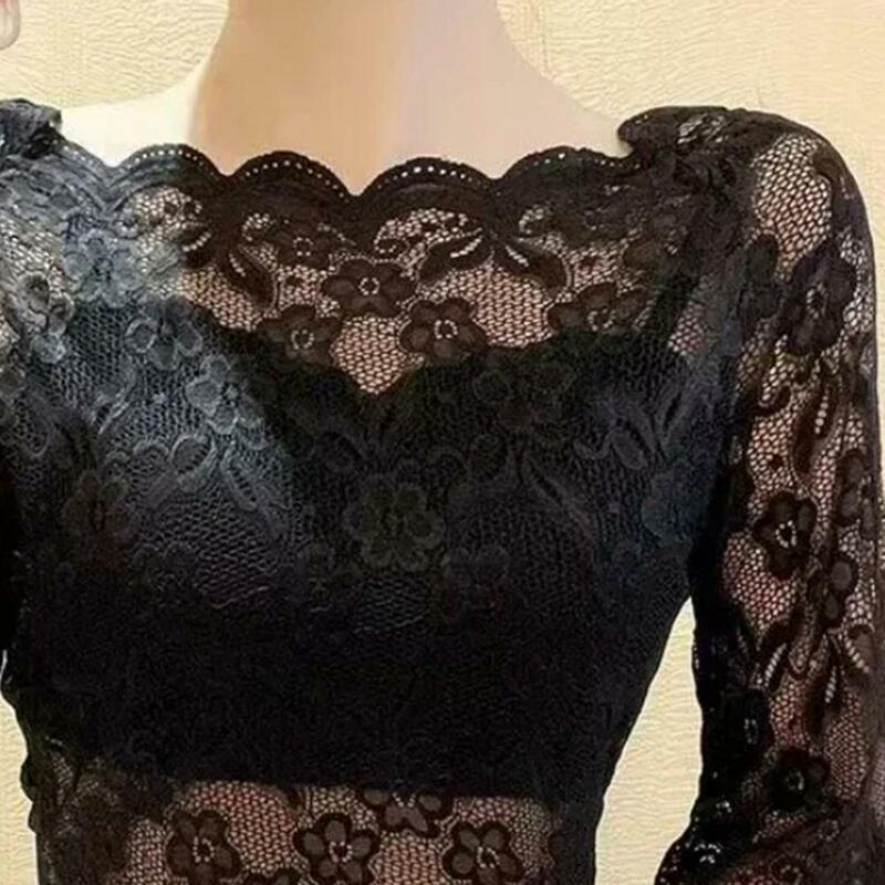 Women Summer Cropped Tops One-word Collar Half Sleeve Blouse See-through Embroidery Lace Pullover Tops