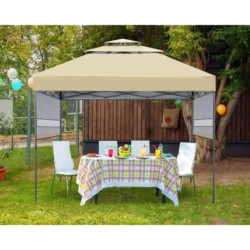 Pop Up Gazebo Canopy 3-Tier Instant Canopy With Adjustable Dual Half Awnings Garden Beige Freight Free Camping Supplies Tents