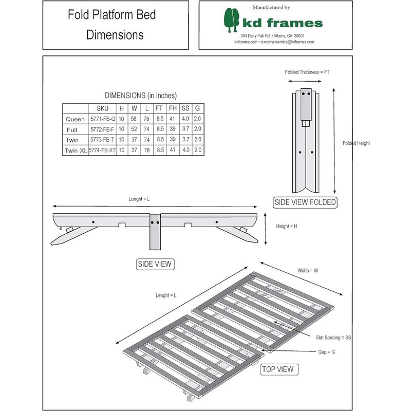 Folding Platform Bed - Queen Size, 78"L X 58"W X 10"H, Natural Poplar, for Bedroom
