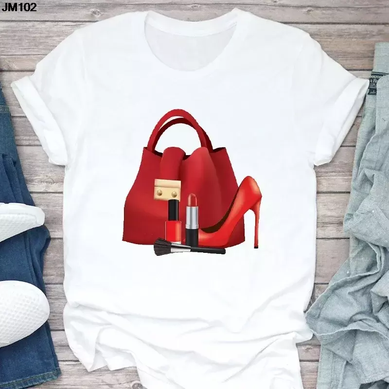 여성용 티셔츠 가방 하이힐 화장품 패턴 티셔츠, 캐주얼 프린트 반팔 상의, 하라주쿠 오버사이즈 상의, 신상