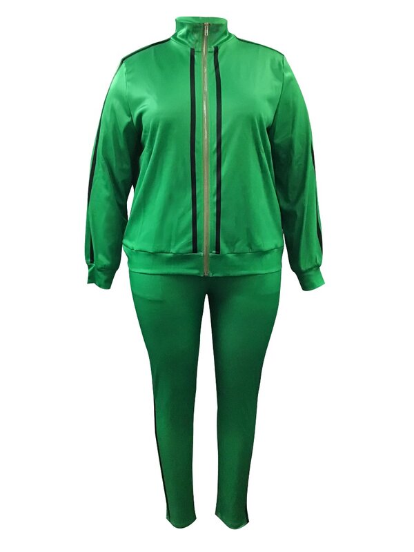 Lw plus size gestreifter Trainings anzug mit normaler Passform grün 2 stücke Sport bekleidung Reiß verschluss mit Stehkragen und Freizeit hose