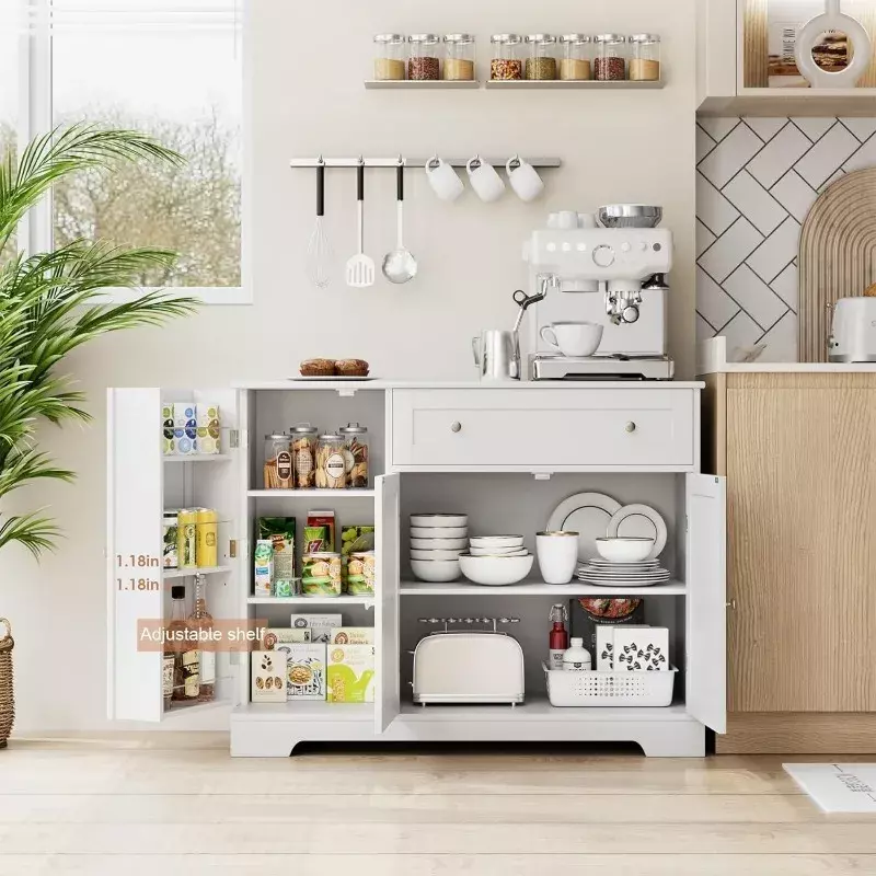 Armoire de planche avec rangement, armoire de rangement de cuisine en bois pour café-bar avec étagère réglable MELand, blanc