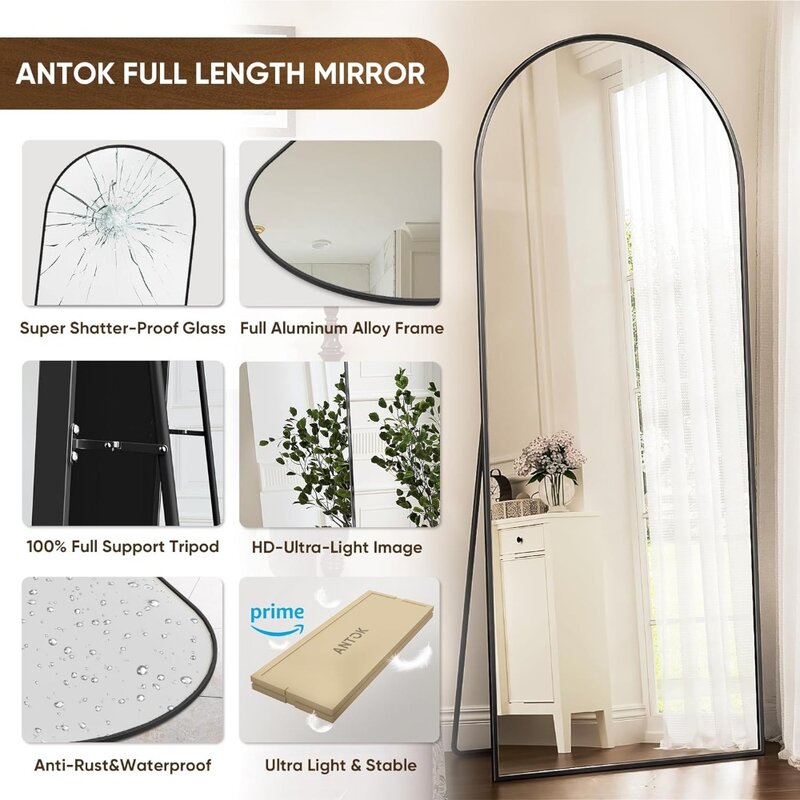 Miroir de sol arqué pleine longueur avec support, grands miroirs muraux arqués noirs, miroirs muraux pleine longueur, 71 po × 28 po