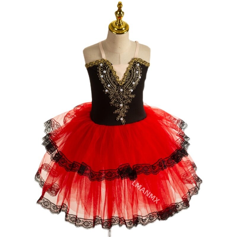 Roter Spainish Kleid Ballett Tutu romantischer Rock für Mädchen weichen Tüll langes Kleid Performance-Kostüme