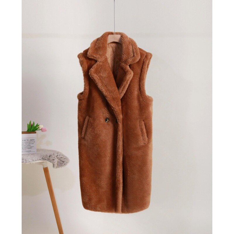 VANOVICH Korean Style 2024 Winter New Temperament Solid Color Faux Fur Sleeveless Vest Women's Single Button Casual Loose Coat