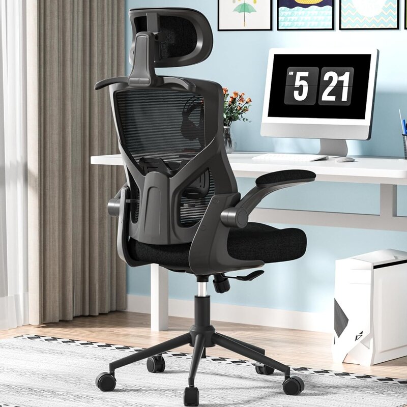 Silla de oficina ergonómica con respaldo alto, silla de escritorio de malla con cojín de espuma moldeada gruesa, colgador de abrigo, reposacabezas ajustable