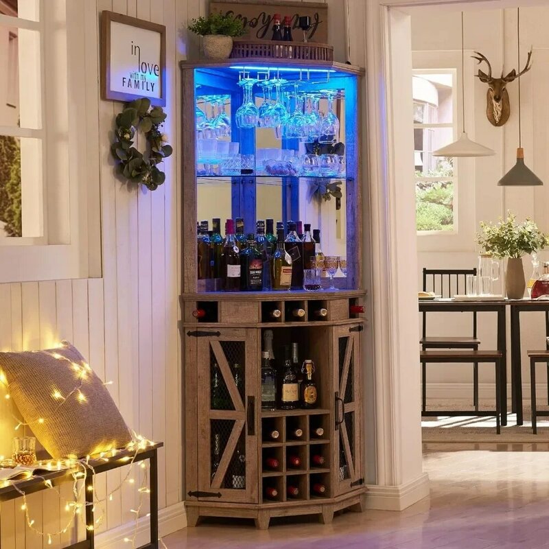 ตู้เก็บบาร์เข้ามุมตู้บาร์ที่บ้านพร้อมไฟ LED และชั้นวางของกระจกตู้บาร์สำหรับบ้านไร่สูงขนาด72นิ้ว