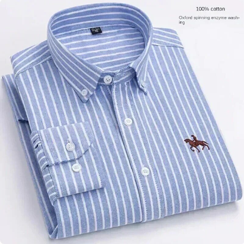 Camisa giratoria Oxford de manga larga para hombre, camisa 100% de algodón puro con bolsillo bordado, estilo de botones, suave, mediana, S ~ 7XL