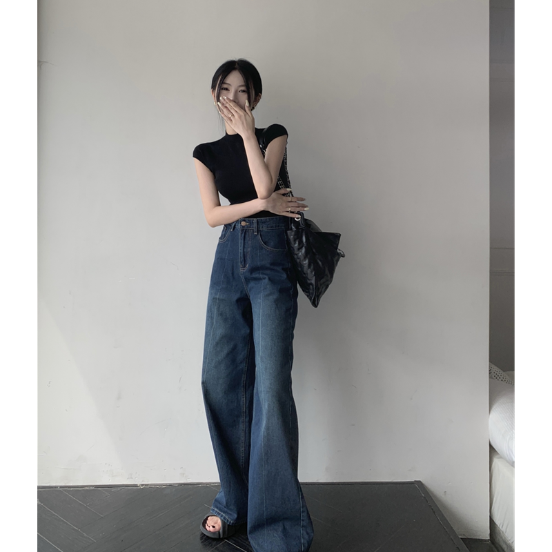 Damen bekleidung Jeans Frühling Sommer 2023 Retro blau stilvolle lässige Hose mit weitem Bein hoch taillierte Baggy Fit Slimming Mop Jeans