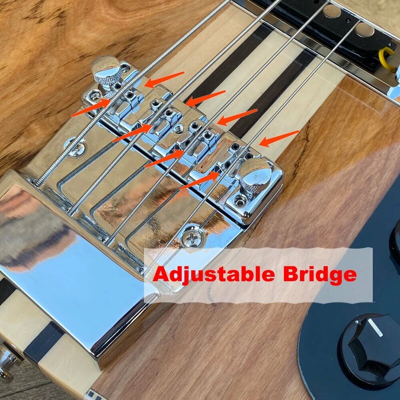 5 buah gitar Bass elektrik 4 senar, Maple + leher Rosewood melalui badan 4 senar, jembatan dapat diatur, Maple Spalted, mengikat papan catur