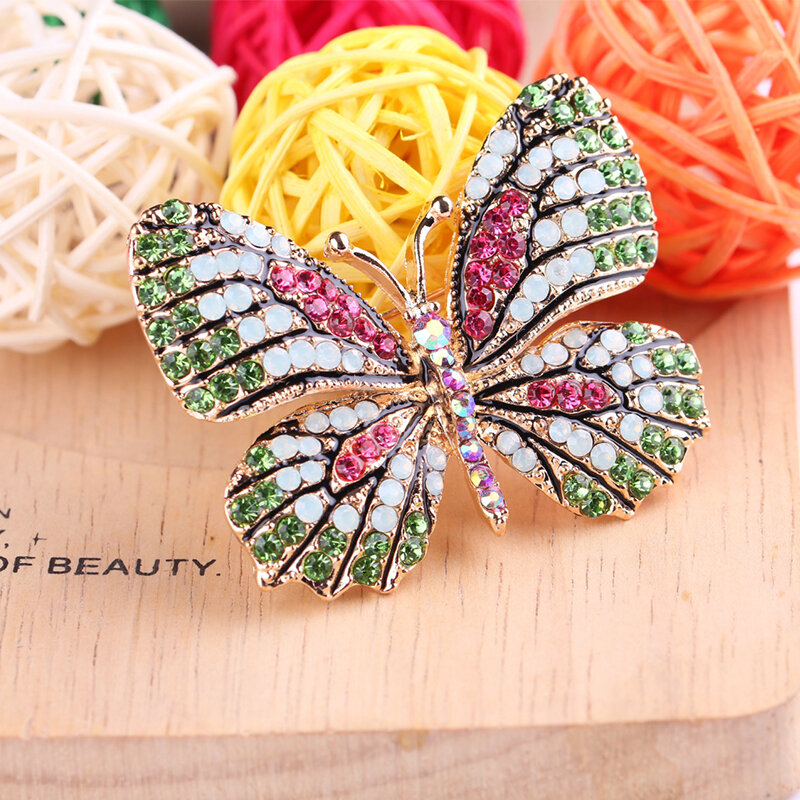 Broches de mariposa con diamantes de imitación de cristal para mujer, broche de insectos para abrigo, broche de moda, joyería de disfraz, colgante, decoración de primavera