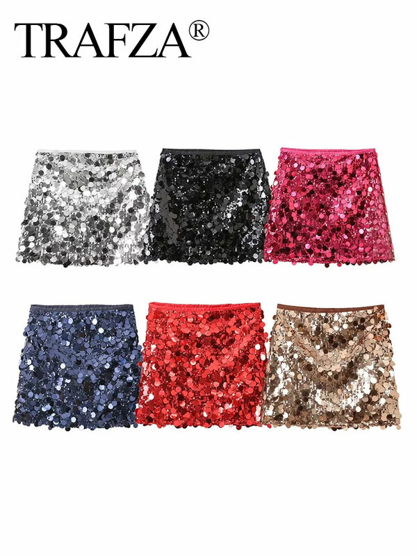 TRAFZA 2024 Women Sequins Skirt High Waist Sexy Party Mini Skirt Side Zipper Elegant Female Y2k Chic Rose Red Skirts Mujer