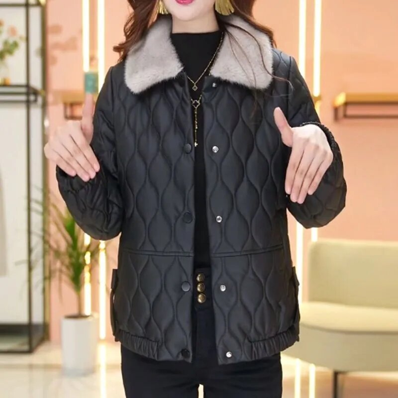 Mantel kulit PU tidak dapat dipecahkan jaket katun tanpa dicuci jaket musim gugur musim dingin mode tebal hitam pendek kulit imitasi mantel M-5XL