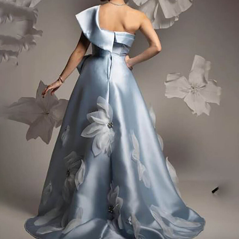 Elegant Evening Party Dress A-Line One Shoulder Sleeveless Ruffles Flowers Beading Floor Length Sweep Train Robe de Soiée