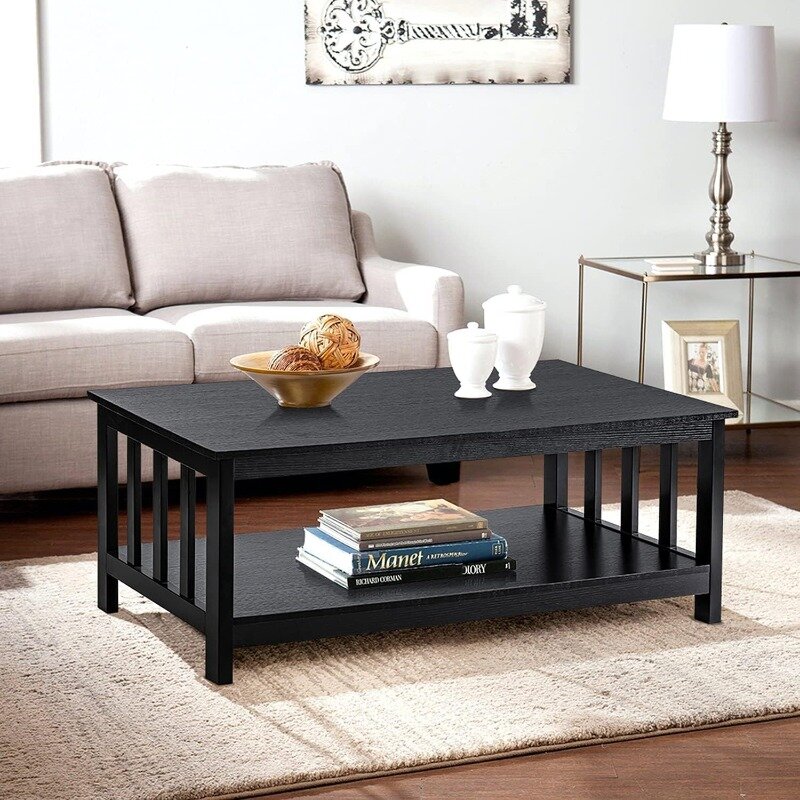 Mission Coffee Table, Black Wood Living Room Table with Shelf