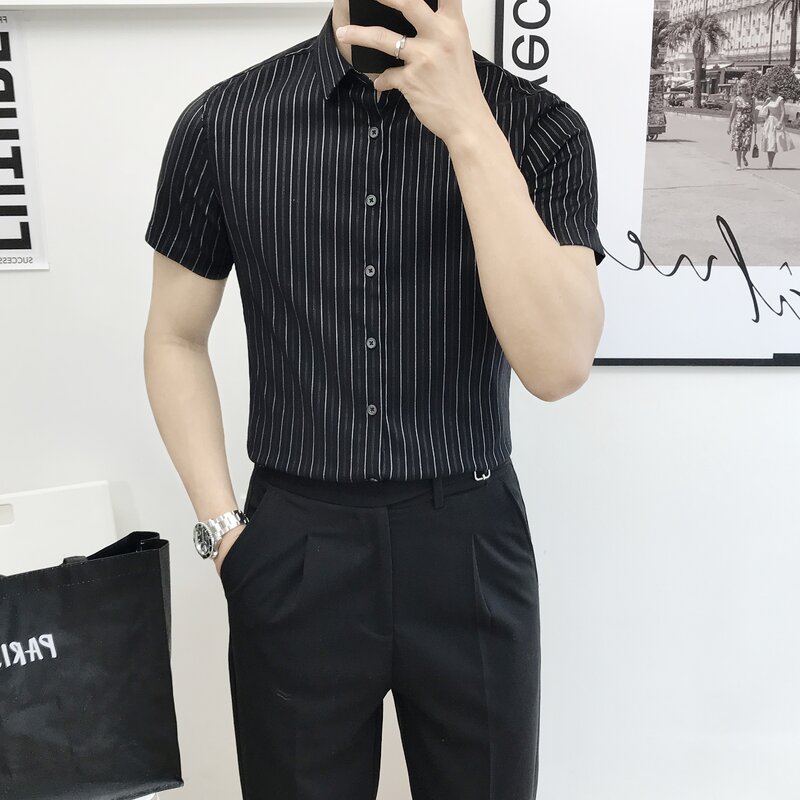 2022 Summer Men New Short Sleeve Striped Shirts Men Clothing Slim Fit Business Casual Shirts Male Formal Wear Blouses G216