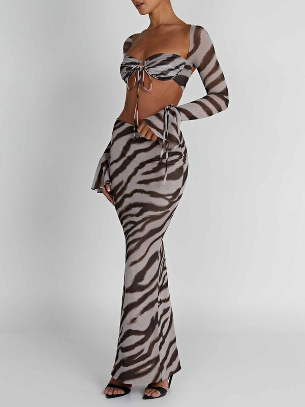 Set rok wanita 2 potong, atasan lengan panjang motif Zebra, rok Bodycon panjang, pakaian Hollow Out, rok Maxi