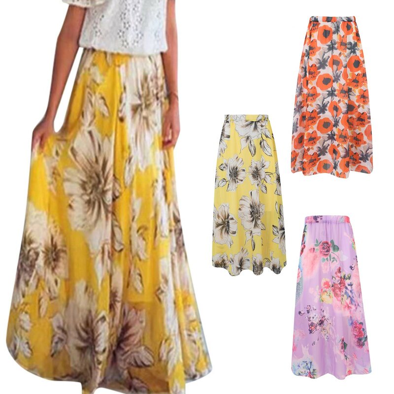 1pc Popular Chiffon Boho Womens Floral Jersey Gypsy Long Maxi Full Skirt Beach Sun Dress High Quality Beautiful Ladies Dress