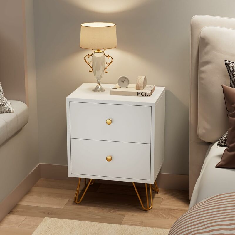 Nightstand, End Side Table, Bedside Table with 2 Drawers Night Stand Metal Legs and Knobs for Bedroom Living Room