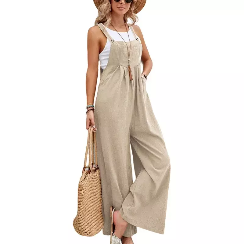 2024 New Summer Women Sleeveless Rompers Loose Jumpsuit Casual Backless Overalls Trousers Wide Leg Pants
