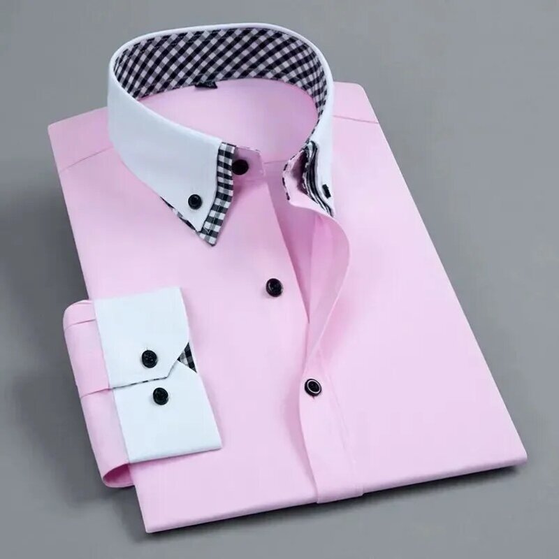 High Quality Mens Dress Shirt Long Sleeve Non Iron Fashion Double Layer Business Formal Regular Fit Office Camisa Social Shirts