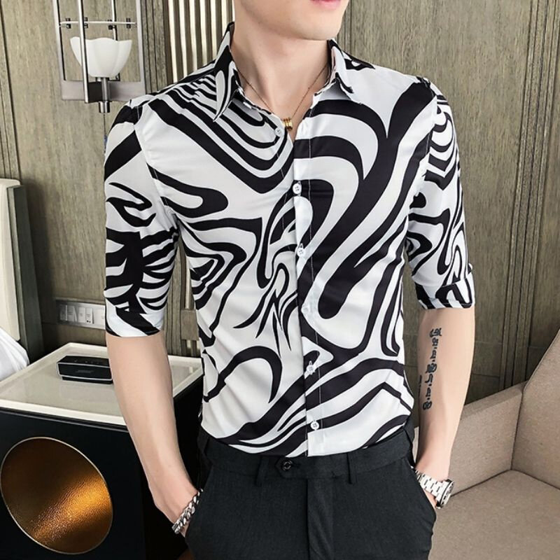 Summer New POLO Collar New Half Sleeve Shirt Man High Street Casual Slim Button Cardigan Printing Personality All-match Tops