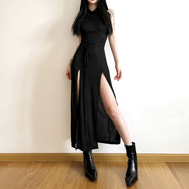 Goth Dark Cyber Gothic Desert Walker sukienki z kapturem Y2k Punk Grunge wydrążone Midi sukienka kobiety seksowny przedział jednokolorowa odzież sportowa boczne