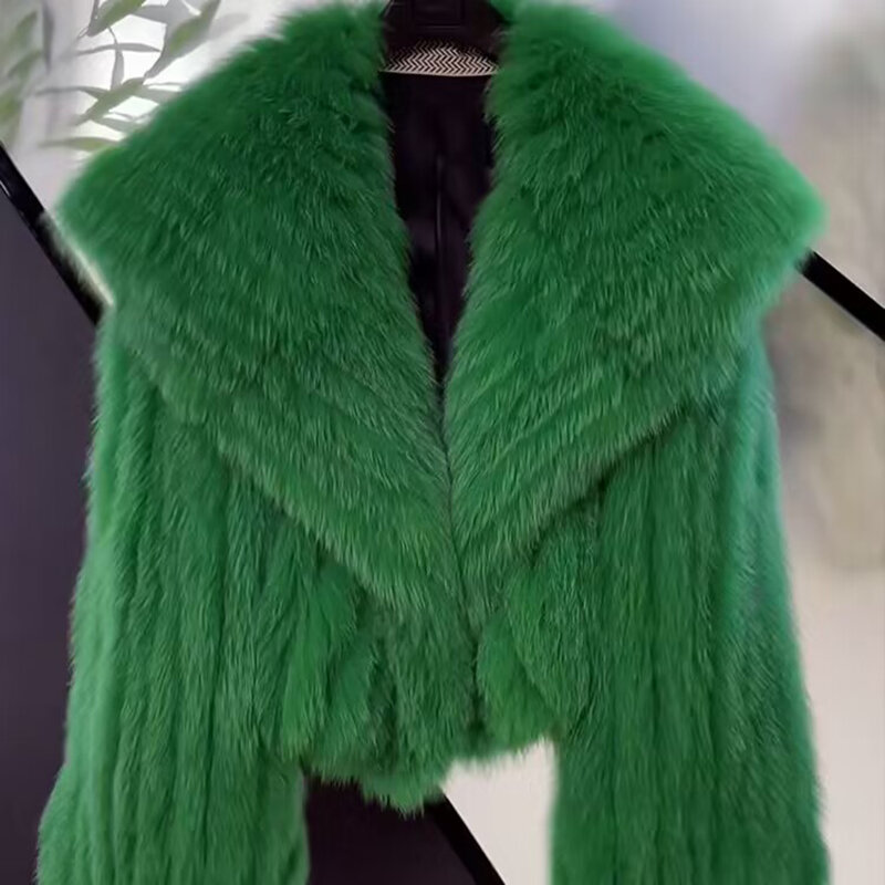 Women's Fur Coat, Navy Collar Stripe Top, Woven, Eco, Short, Winter, New, 2023