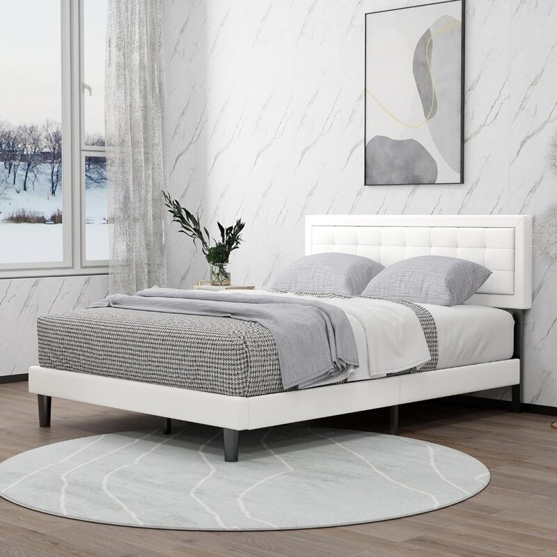 Marco de cama tapizado de lino, plataforma con cabecero ajustable, soporte de listones de madera, No necesita resorte de caja, fácil montaje, blanco