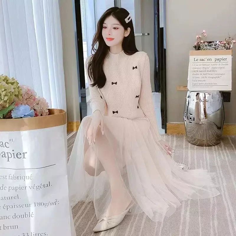 Корейское трикотажное платье, комплект из 2 предметов, Трикотажный жилет с бантом + сетчатые Платья-миди, элегантные весенние женские наряды N337
