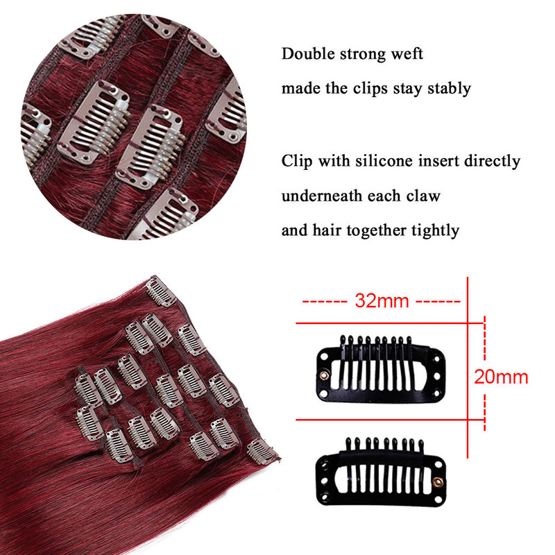 Klip lurus dalam ekstensi rambut manusia asli kain kulit klip mulus ins 7 buah warna Burgundy 99J # untuk wanita 22-24 inci 100g
