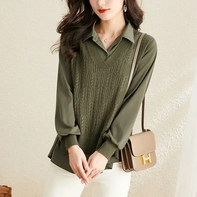 Office Lady Turn-down Collar Shirt Autumn Basic Fake Two Pieces Stylish Knitted Patchwork Loose Korean Long Sleeve Blouse PH335