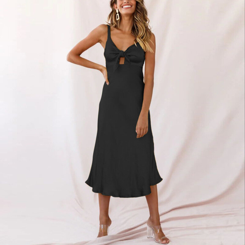 Summer Women's A-line Skirt Commuter Fashion Elegant Style Satin Sleeveless Hollow Out Strap High Elastic Long Dress