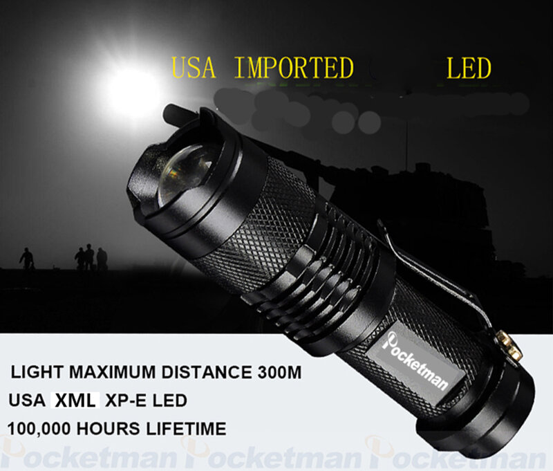 Mini lampe de poche LED étanche, torche Q5, clip de ceinture, zoomable, mise au point 3 modes, extérieur, batterie AA, 14500, 2000LM