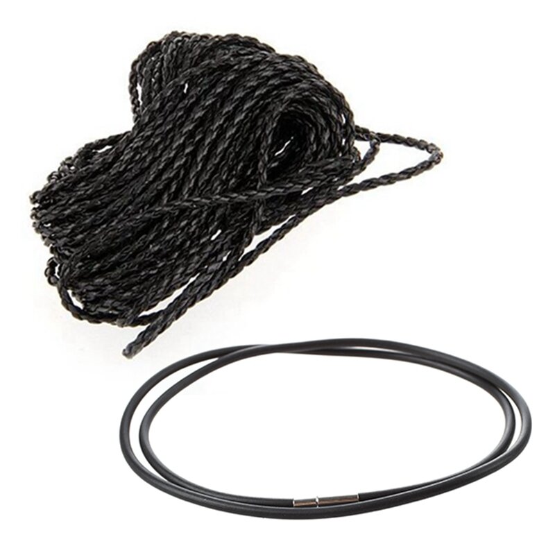 9M tali kalung kulit hitam kepang tali DIY 3Mm panas dengan 3Mm tali karet hitam kalung-24 inci