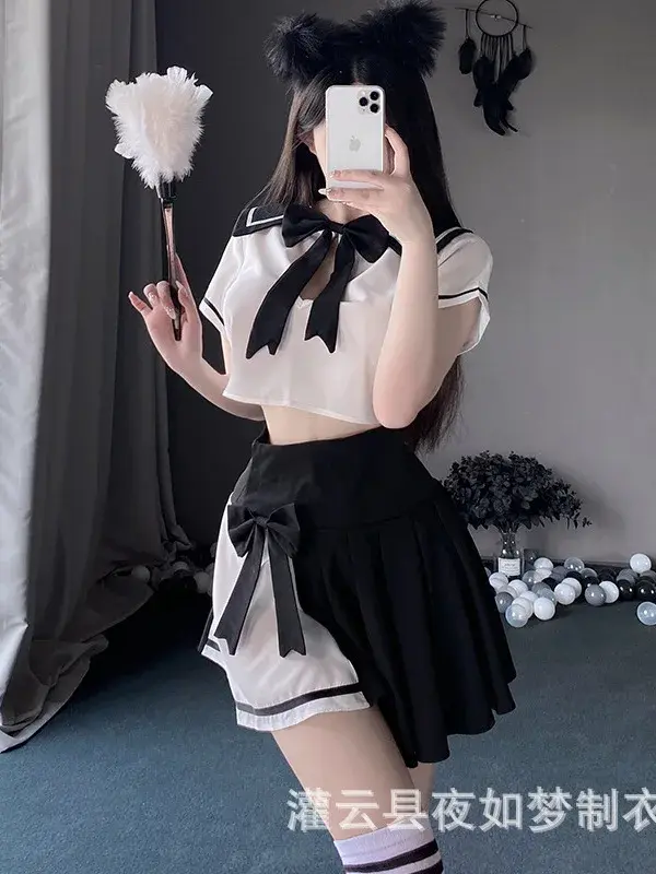 New JK Sexy Cos Uniform Charm Maid Skirt Set Elegant Mature Bow Irregular Deep V Back Hollowed Out Sweet Cute Style QD7O