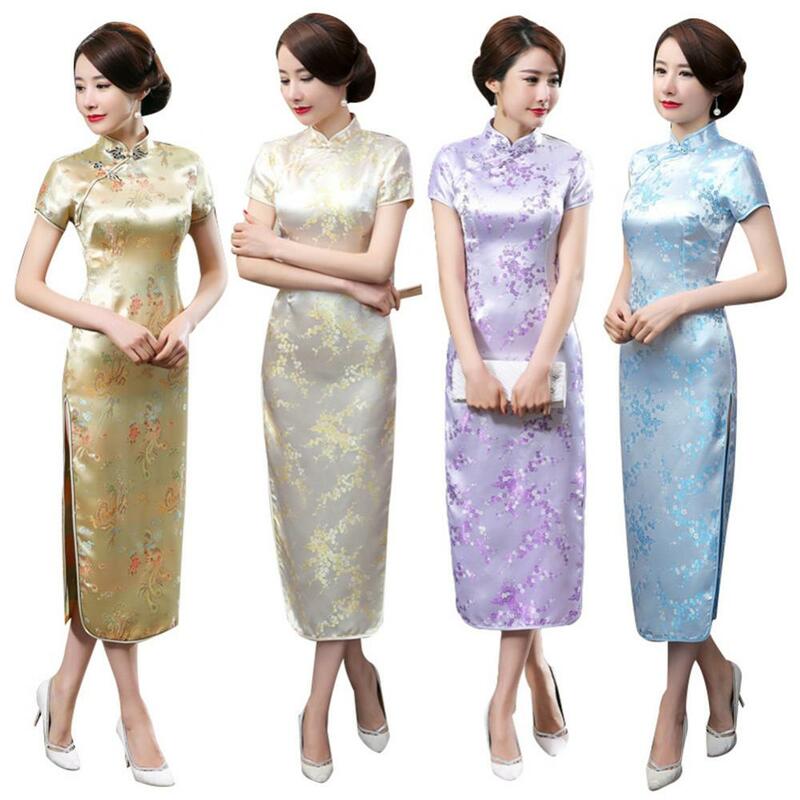 المرأة الصينية شيونغسام ، فستان سهرة وصيفة الشرف ، زهر البرقوق التقليدي ، طويل