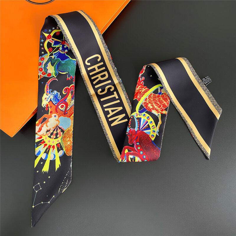 Französisch Mode neue Tarot Retro zwölf Sternbilder Damen Ornament 100% Twill Seide Schal Streamer lange Streifen Seide Schal Band