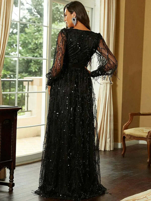 Женское вечернее платье с длинным рукавом, бахромой и блестками, 2023