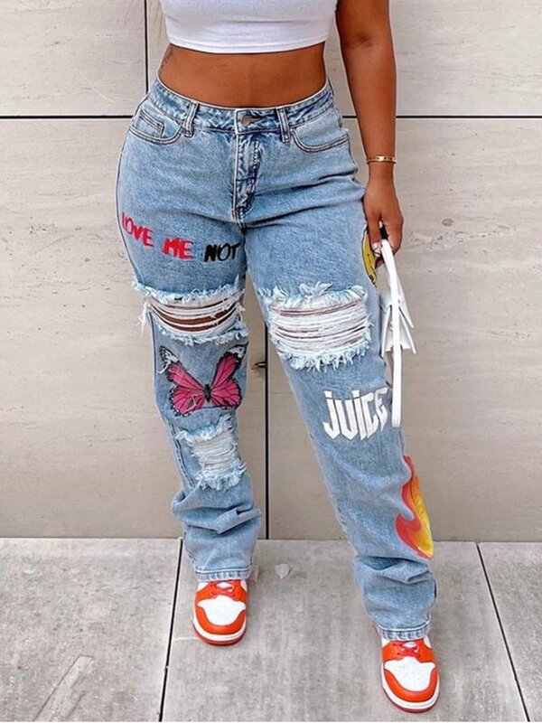 LW Butterfly Letter Print Trendy Denim No Stretch Ripped Solid Jeans Women's Hollow-out Street Skinny Fashion Straight Pants