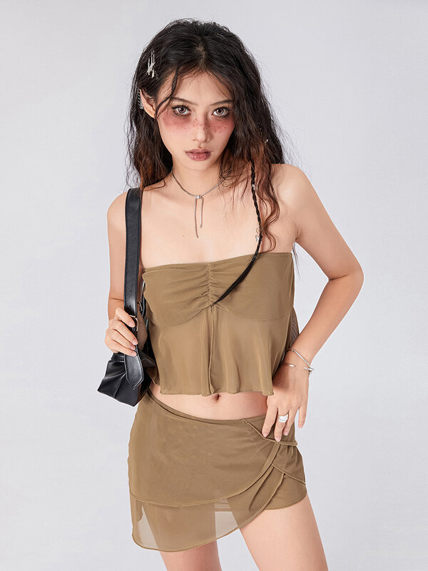 Latest Summer Women 2 Piece Outfit Pleated Mesh Bandeau Top and Stretch Irregular Mini Skirt Skirt Streetwear Aesthetic Clothing