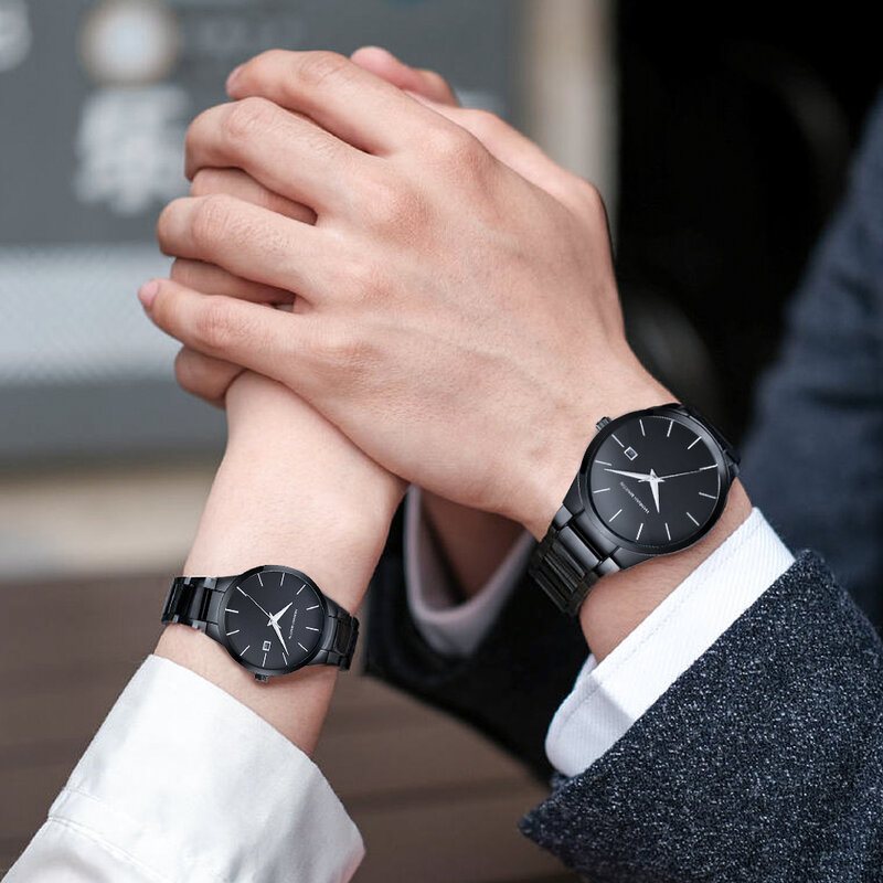 2 pezzi orologi al quarzo per coppie orologio da uomo d'affari in acciaio inossidabile nero orologio da Regalo Casual minimalista da donna Pareja Regalo