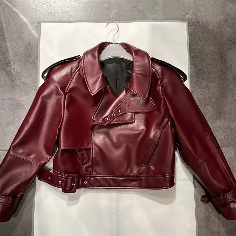 Jaket kulit pakaian jalanan wanita, mantel kulit domba GT5916 baru musim gugur musim dingin 2023