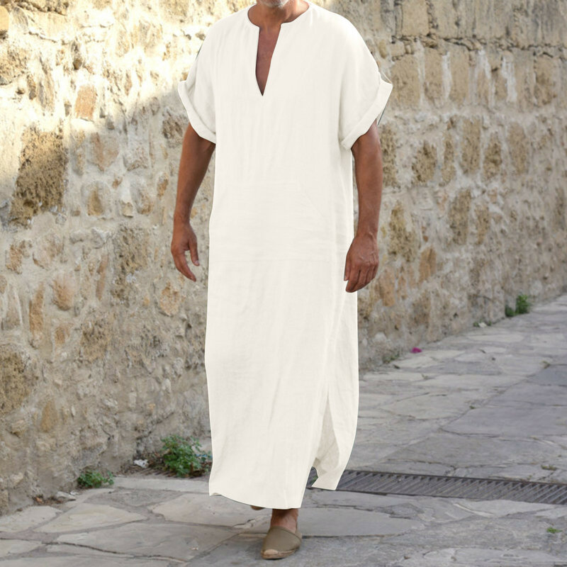 Jubba Thobe Kaftan Muslim, jubah katun Linen polos lengan pendek kerah V, jubah Muslim Arab untuk pria