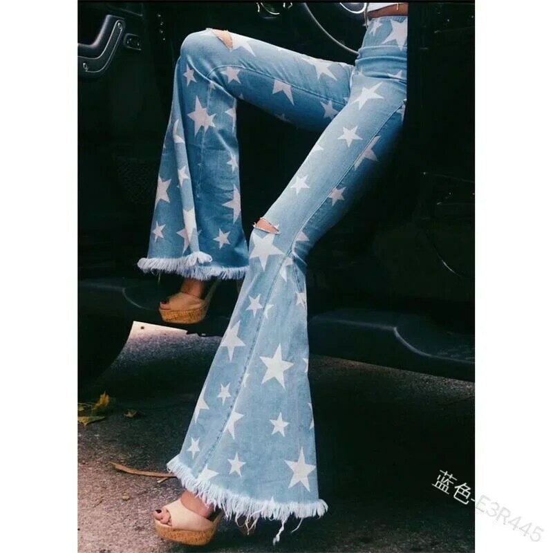 Letnie nadruk gwiazdy damskie seksowne podarte jeansy z frędzlami 2022 letnie Oversize wysoki stan przylegająca elegancka dżinsy dzwony spodnie Harajuku