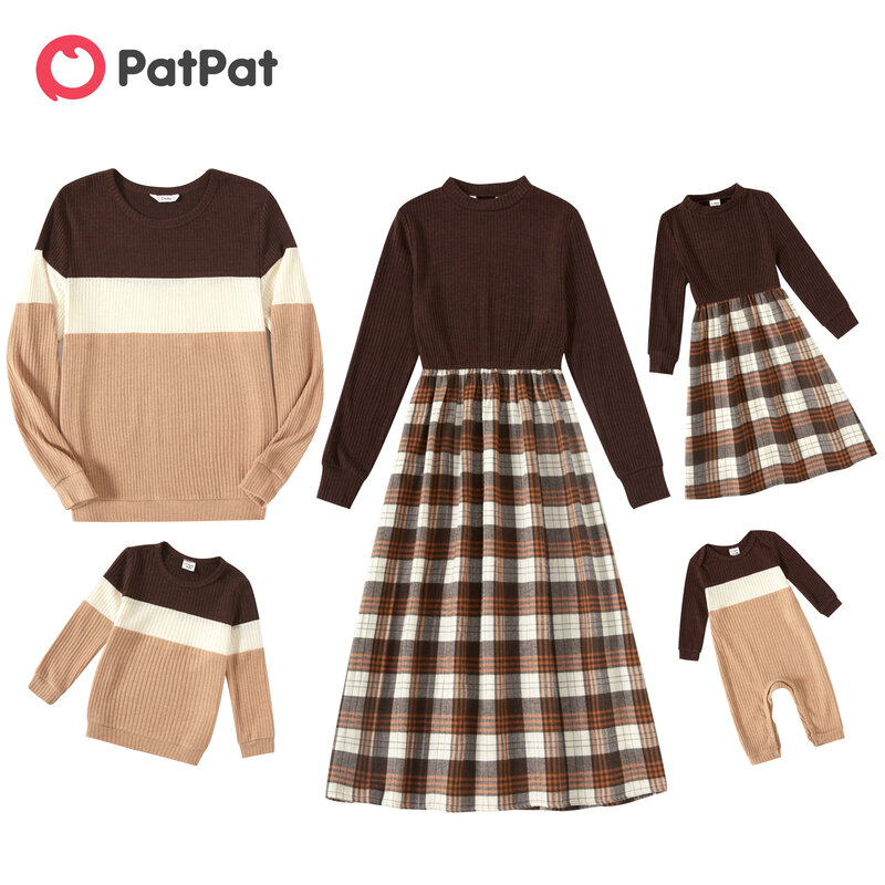 Patpat família combinando manga longa mock neck rib malha emendado xadrez vestidos e colorblock topos conjuntos