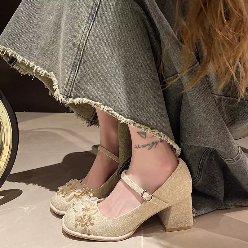 Marilyn-sapatos de salto alto para mulheres, sapatos de seda com linha de flores, estilo francês, primavera/verão/outono, novo, 2022